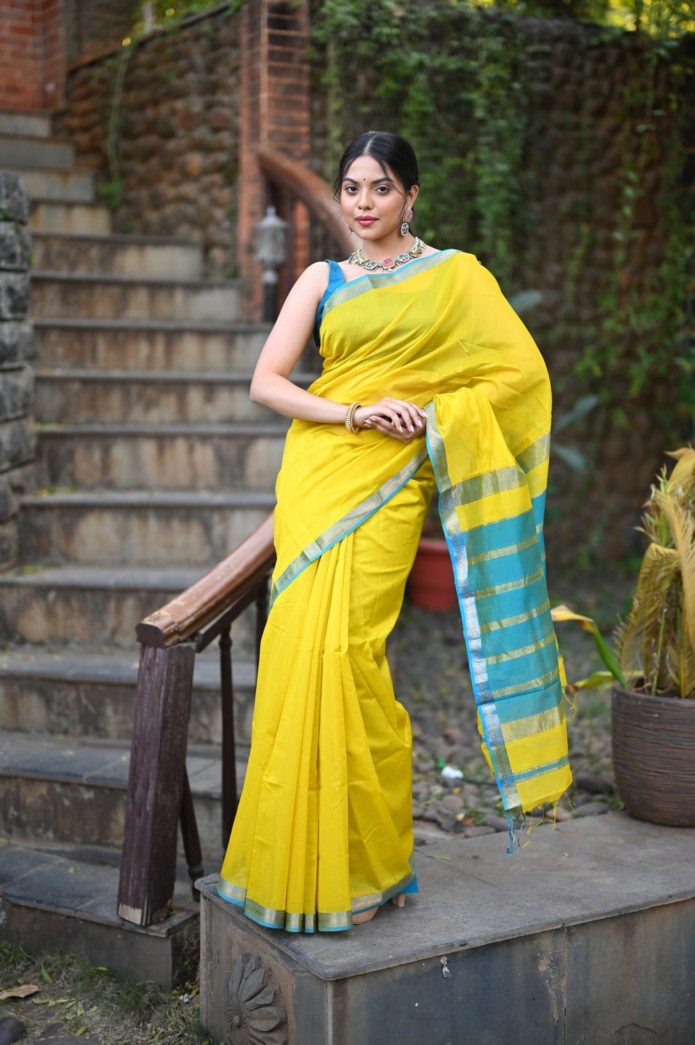 Tarang ~ Handloom Cotton Silk Sleek Designer Border in Bright Yellow & Blue - verymuchindian.com