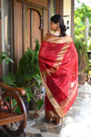 Tarang ~ Handloom Cotton Silk Sleek Designer Border in Crimson Red - verymuchindian.com
