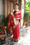 Tarang ~ Handloom Cotton Silk Sleek Designer Border in Crimson Red - verymuchindian.com