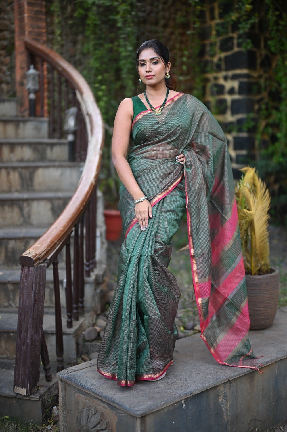 Tarang ~ Handloom Cotton Silk Sleek Designer Border in Dark Green & Pink - verymuchindian.com