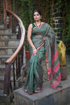 Tarang ~ Handloom Cotton Silk Sleek Designer Border in Dark Green & Pink - verymuchindian.com