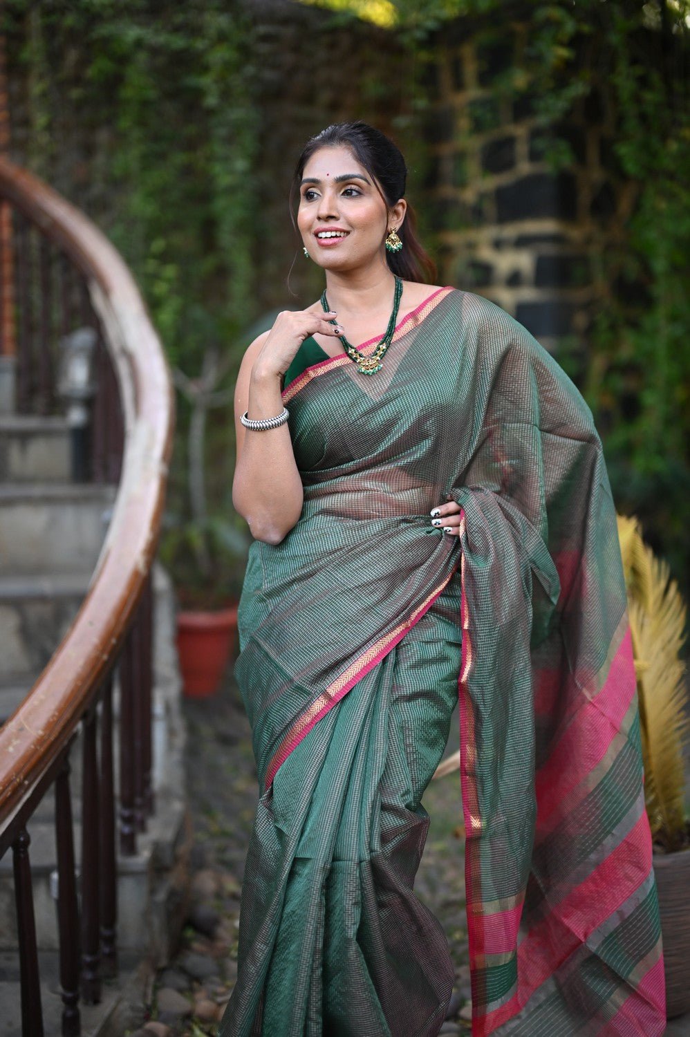 Tarang ~ Handloom Cotton Silk Sleek Designer Border in Dark Green & Pink - verymuchindian.com