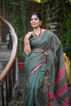 Tarang ~ Handloom Cotton Silk Sleek Designer Border in Dark Green & Pink - verymuchindian.com