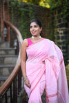 Tarang ~ Handloom Cotton Silk Sleek Designer Border in Feather Pink - verymuchindian.com