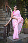 Tarang ~ Handloom Cotton Silk Sleek Designer Border in Feather Pink - verymuchindian.com