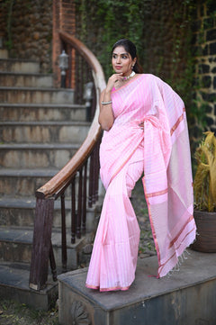 Tarang ~ Handloom Cotton Silk Sleek Designer Border in Feather Pink - verymuchindian.com