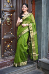 Tarang ~ Handloom Cotton Silk Sleek Designer Border in First Light Green - verymuchindian.com