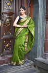 Tarang ~ Handloom Cotton Silk Sleek Designer Border in First Light Green - verymuchindian.com