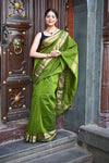 Tarang ~ Handloom Cotton Silk Sleek Designer Border in First Light Green - verymuchindian.com