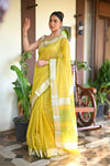 Tarang ~ Handloom Cotton Silk Sleek Designer Border in Fresh Lime Yellow - verymuchindian.com