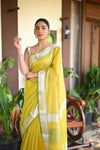 Tarang ~ Handloom Cotton Silk Sleek Designer Border in Fresh Lime Yellow - verymuchindian.com
