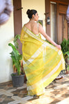 Tarang ~ Handloom Cotton Silk Sleek Designer Border in Fresh Lime Yellow - verymuchindian.com