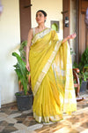Tarang ~ Handloom Cotton Silk Sleek Designer Border in Fresh Lime Yellow - verymuchindian.com