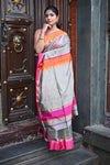 Tarang ~ Handloom Cotton Silk Sleek Designer Border in Grey & Orange Pink - verymuchindian.com
