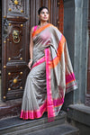 Tarang ~ Handloom Cotton Silk Sleek Designer Border in Grey & Orange Pink - verymuchindian.com