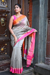 Tarang ~ Handloom Cotton Silk Sleek Designer Border in Grey & Orange Pink - verymuchindian.com