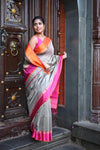 Tarang ~ Handloom Cotton Silk Sleek Designer Border in Grey & Orange Pink - verymuchindian.com