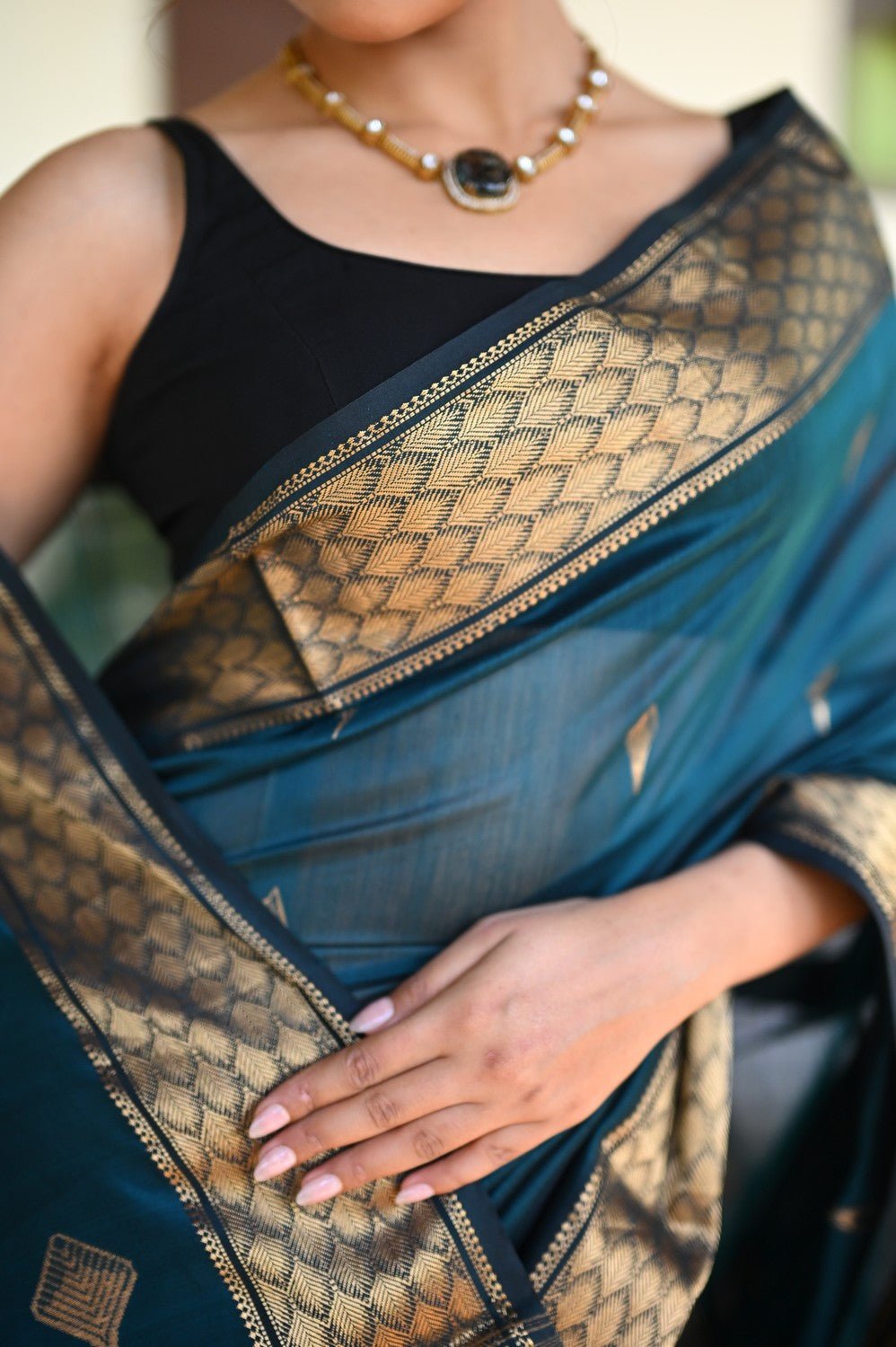 Tarang ~ Handloom Cotton Silk Sleek Designer Border in Ink Blue - verymuchindian.com