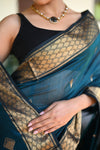 Tarang ~ Handloom Cotton Silk Sleek Designer Border in Ink Blue - verymuchindian.com