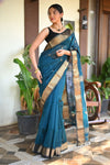 Tarang ~ Handloom Cotton Silk Sleek Designer Border in Ink Blue - verymuchindian.com
