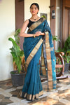 Tarang ~ Handloom Cotton Silk Sleek Designer Border in Ink Blue - verymuchindian.com