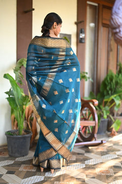 Tarang ~ Handloom Cotton Silk Sleek Designer Border in Ink Blue - verymuchindian.com