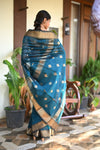 Tarang ~ Handloom Cotton Silk Sleek Designer Border in Ink Blue - verymuchindian.com