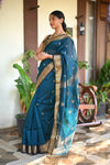Tarang ~ Handloom Cotton Silk Sleek Designer Border in Ink Blue - verymuchindian.com