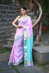 Tarang ~ Handloom Cotton Silk Sleek Designer Border in Lilac Pink & Blue - verymuchindian.com