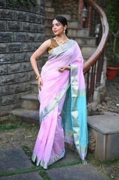 Tarang ~ Handloom Cotton Silk Sleek Designer Border in Lilac Pink & Blue - verymuchindian.com
