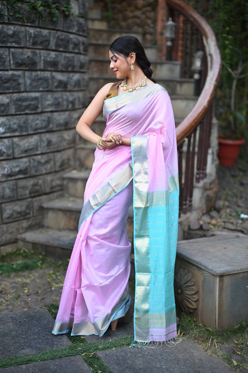 Tarang ~ Handloom Cotton Silk Sleek Designer Border in Lilac Pink & Blue - verymuchindian.com