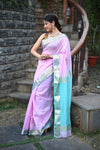 Tarang ~ Handloom Cotton Silk Sleek Designer Border in Lilac Pink & Blue - verymuchindian.com