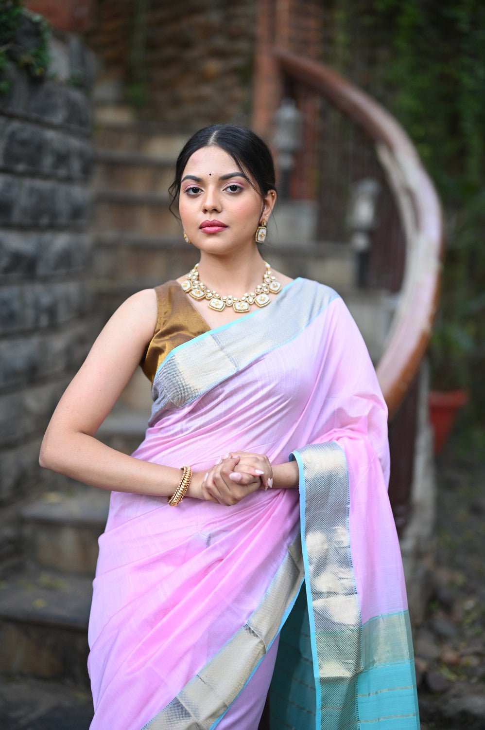 Tarang ~ Handloom Cotton Silk Sleek Designer Border in Lilac Pink & Blue - verymuchindian.com