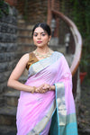 Tarang ~ Handloom Cotton Silk Sleek Designer Border in Lilac Pink & Blue - verymuchindian.com