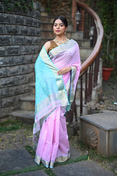 Tarang ~ Handloom Cotton Silk Sleek Designer Border in Lilac Pink & Blue - verymuchindian.com