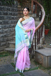 Tarang ~ Handloom Cotton Silk Sleek Designer Border in Lilac Pink & Blue - verymuchindian.com
