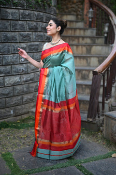 Tarang ~ Handloom Cotton Silk Sleek Designer Border in Limelight Blue & Red - verymuchindian.com