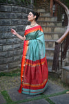Tarang ~ Handloom Cotton Silk Sleek Designer Border in Limelight Blue & Red - verymuchindian.com