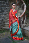 Tarang ~ Handloom Cotton Silk Sleek Designer Border in Limelight Blue & Red - verymuchindian.com