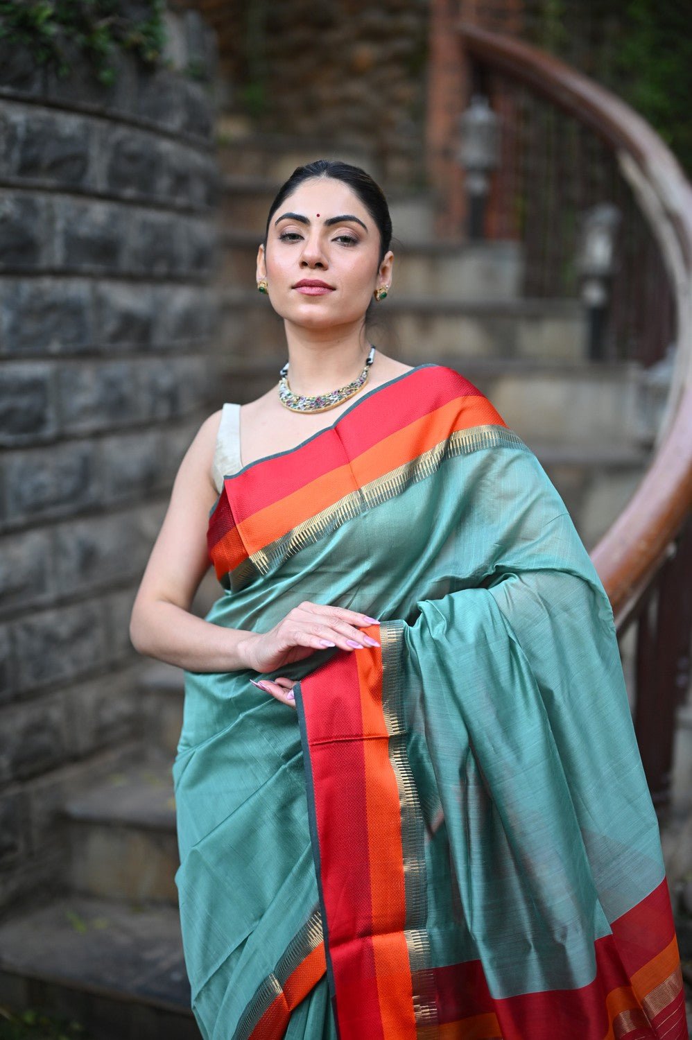 Tarang ~ Handloom Cotton Silk Sleek Designer Border in Limelight Blue & Red - verymuchindian.com