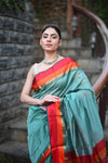 Tarang ~ Handloom Cotton Silk Sleek Designer Border in Limelight Blue & Red - verymuchindian.com