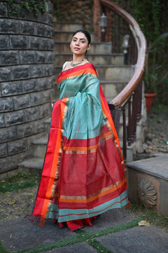 Tarang ~ Handloom Cotton Silk Sleek Designer Border in Limelight Blue & Red - verymuchindian.com