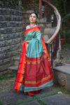 Tarang ~ Handloom Cotton Silk Sleek Designer Border in Limelight Blue & Red - verymuchindian.com