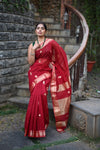 Tarang ~ Handloom Cotton Silk Sleek Designer Border in Limelight Red with Buttis - verymuchindian.com