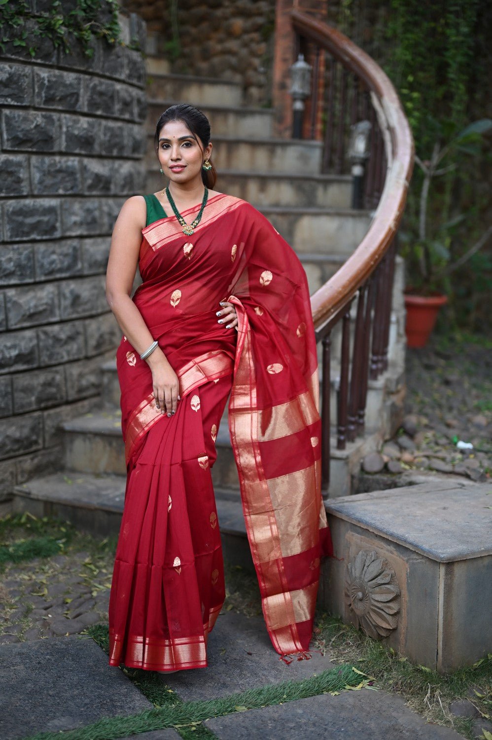 Tarang ~ Handloom Cotton Silk Sleek Designer Border in Limelight Red with Buttis - verymuchindian.com