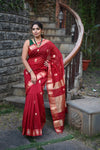 Tarang ~ Handloom Cotton Silk Sleek Designer Border in Limelight Red with Buttis - verymuchindian.com