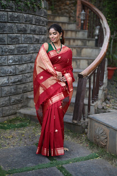 Tarang ~ Handloom Cotton Silk Sleek Designer Border in Limelight Red with Buttis - verymuchindian.com
