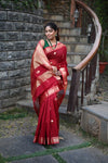 Tarang ~ Handloom Cotton Silk Sleek Designer Border in Limelight Red with Buttis - verymuchindian.com