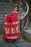 Tarang ~ Handloom Cotton Silk Sleek Designer Border in Limelight Red with Buttis - verymuchindian.com