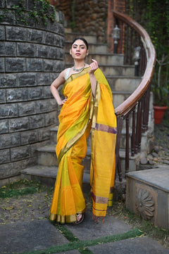 Tarang ~ Handloom Cotton Silk Sleek Designer Border in Limelight Yellow with Rainbow Shien - verymuchindian.com